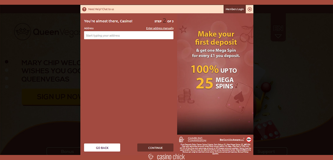 Queen Vegas Casino Adress Signup Process